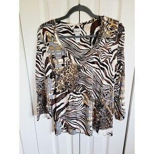 Chico's‎ 3 Animal Prints T-Shirt 3/4 Sleeve Stretch Top XL V-Neck